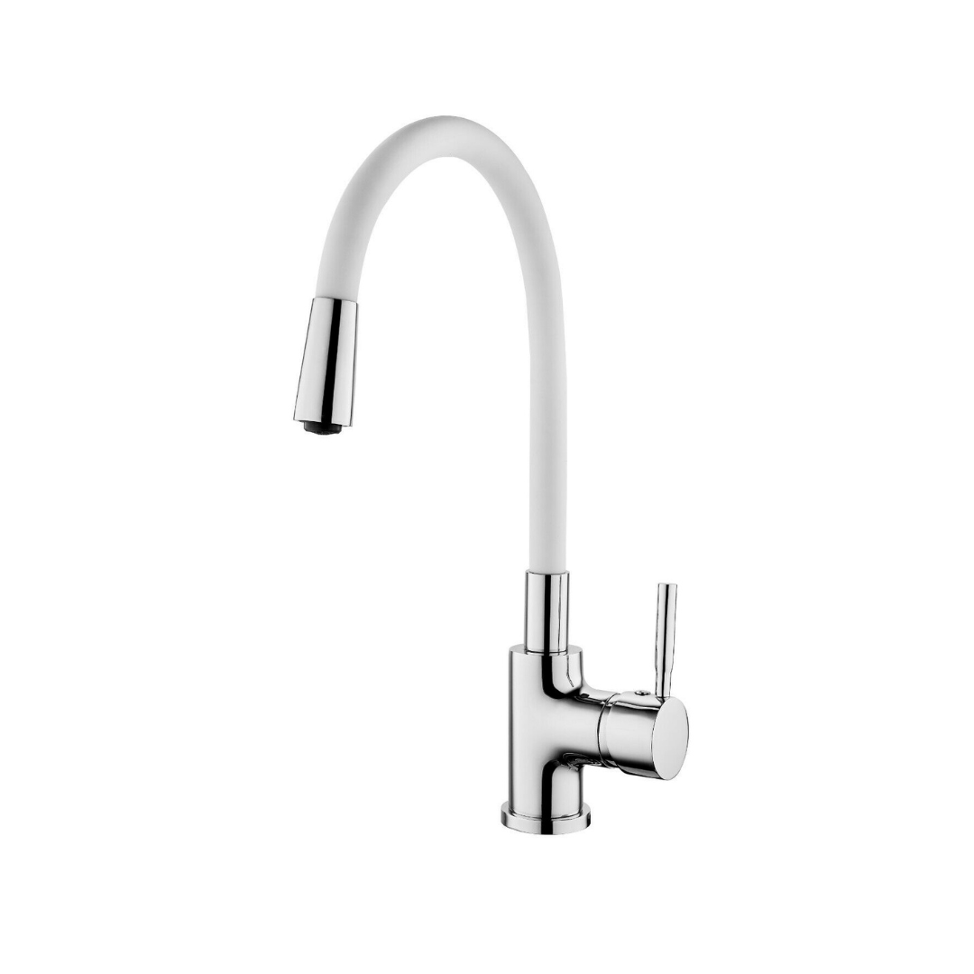 Verosan+ Robinet de cuisine moderne Barcelona en chrome avec tuyau flexible blanc