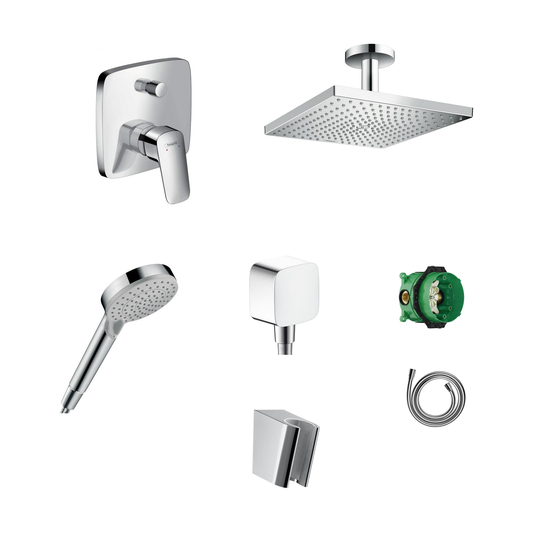 Hansgrohe Logis concealed shower set with ceiling or wall connection and 2-in-1 hand shower holder including connection elbow