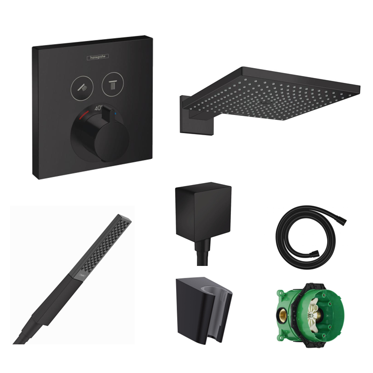 Hansgrohe concealed shower set ShowerSelect matt black with wall or ceiling connection and 2-in-1 hand shower holder including connection elbow