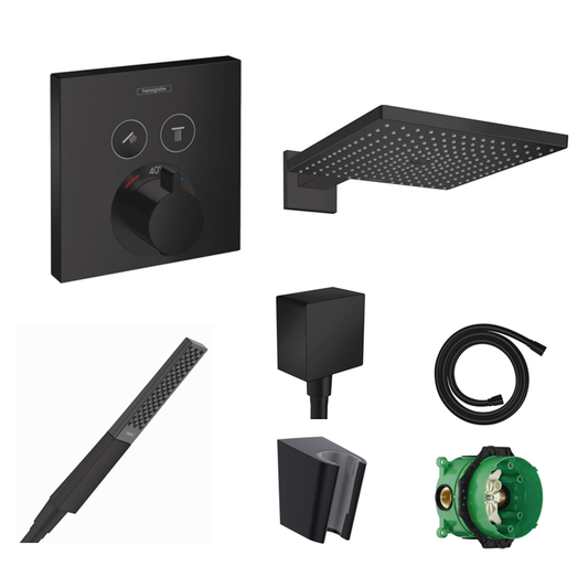 Hansgrohe concealed shower set ShowerSelect matt black with wall or ceiling connection and 2-in-1 hand shower holder including connection elbow