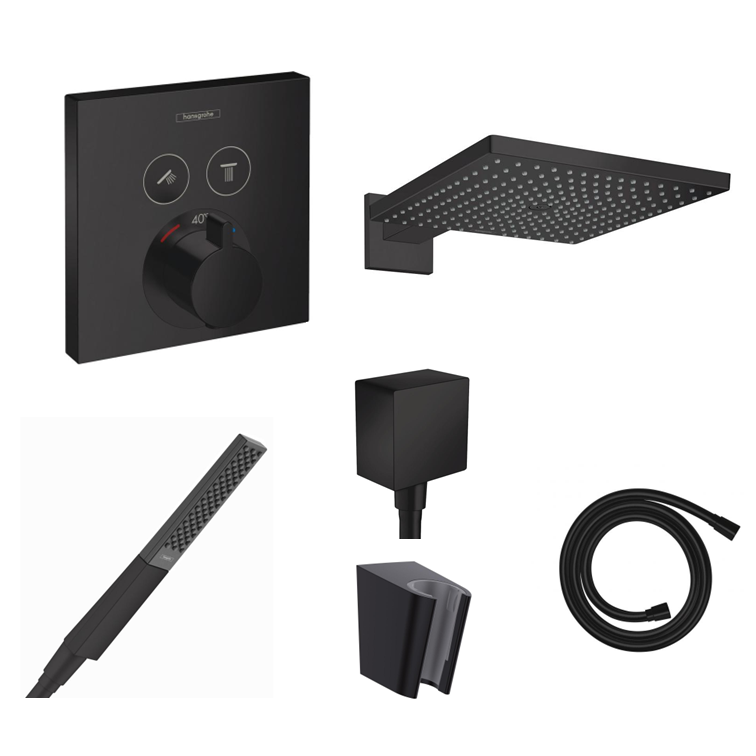 Hansgrohe concealed shower set ShowerSelect matt black with wall or ceiling connection and 2-in-1 hand shower holder including connection elbow