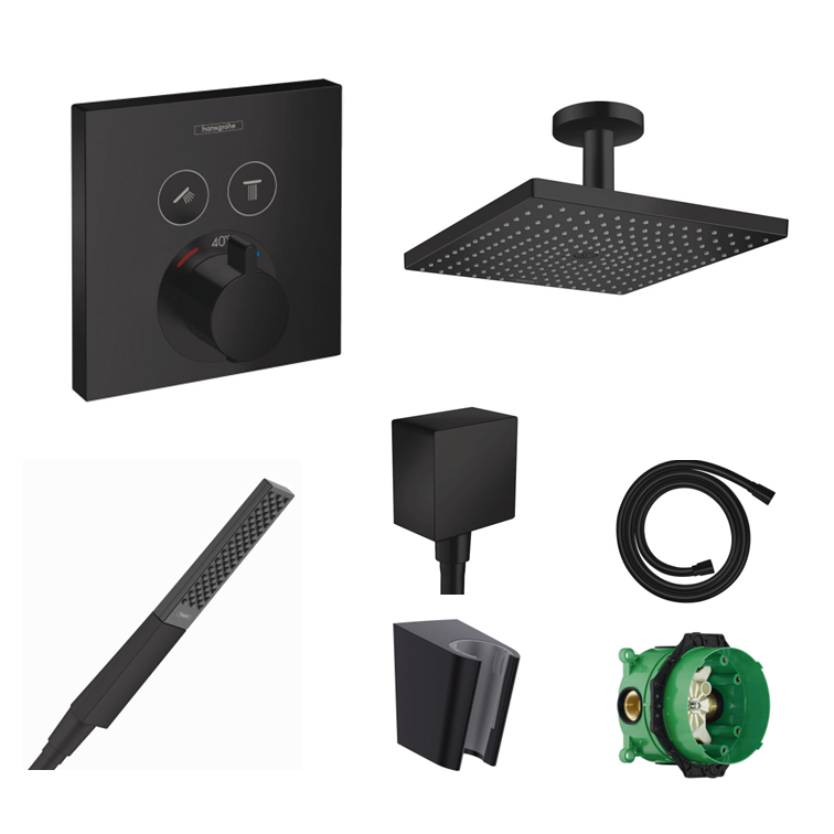Hansgrohe concealed shower set ShowerSelect matt black with wall or ceiling connection and 2-in-1 hand shower holder including connection elbow