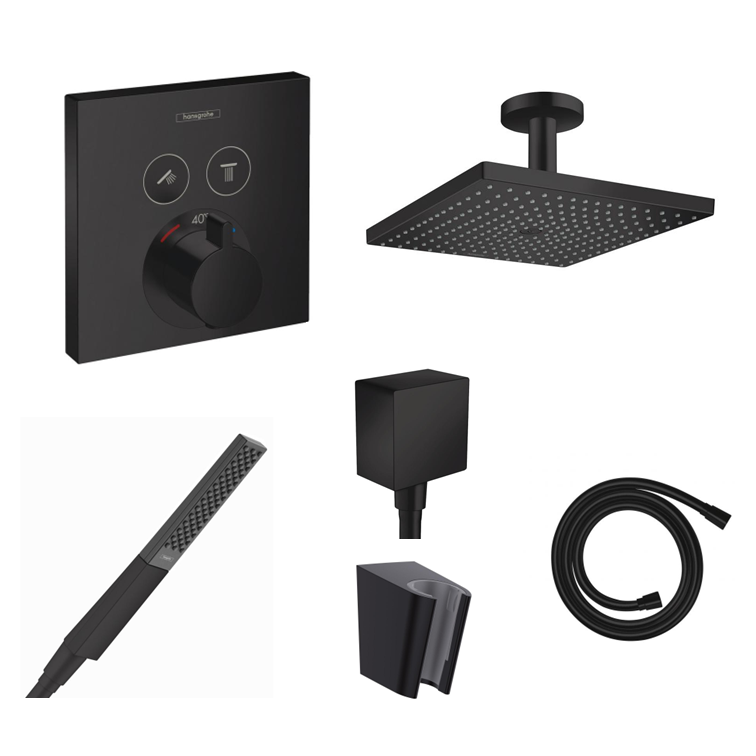 Hansgrohe concealed shower set ShowerSelect matt black with wall or ceiling connection and 2-in-1 hand shower holder including connection elbow