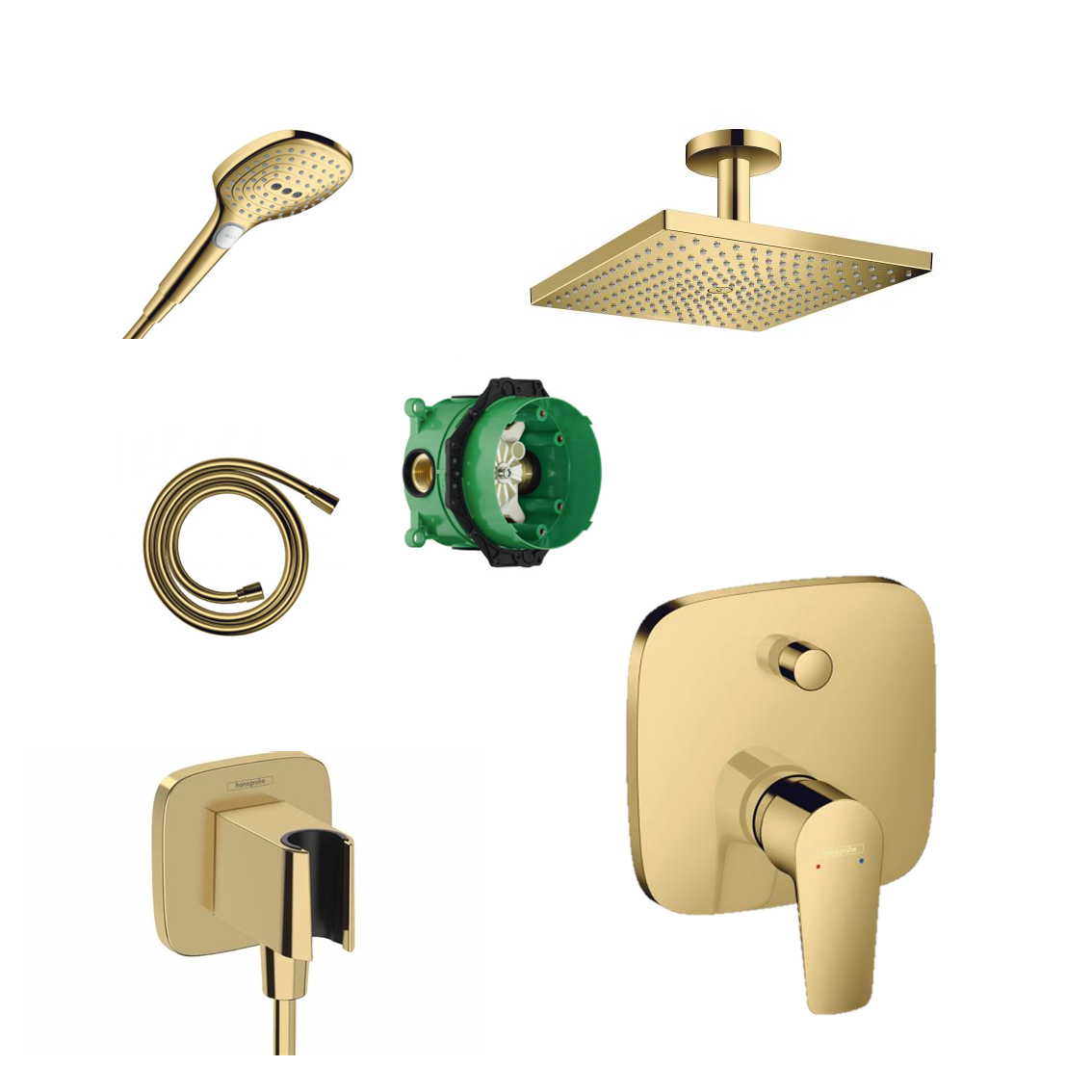 Hansgrohe concealed shower set Porter Gold with wall or ceiling connection and 2-in-1 hand shower holder including connection elbow