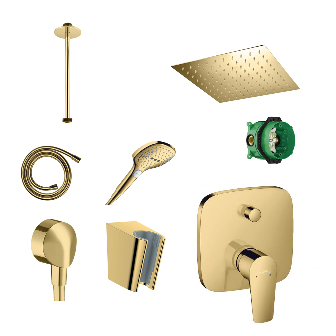 Hansgrohe concealed shower set Porter Gold with wall or ceiling connection and 2-in-1 hand shower holder including connection elbow