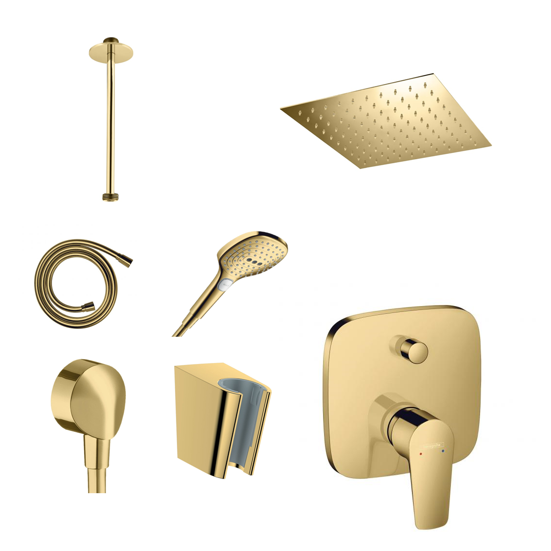Hansgrohe concealed shower set Porter Gold with wall or ceiling connection and 2-in-1 hand shower holder including connection elbow