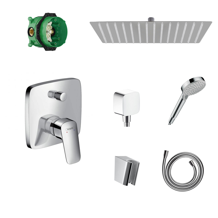 Hansgrohe Logis concealed shower set with ceiling or wall connection and 2-in-1 hand shower holder including connection elbow