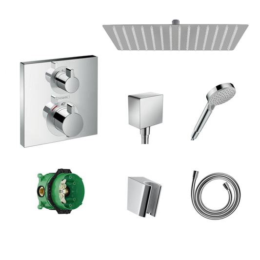 Hansgrohe Ecostat Square concealed shower set with ceiling or wall connection and 2-in-1 hand shower holder including connection elbow