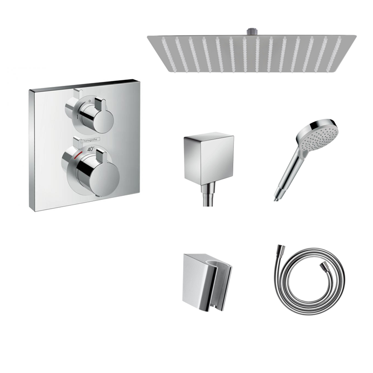 Hansgrohe Ecostat Square concealed shower set with ceiling or wall connection and 2-in-1 hand shower holder including connection elbow