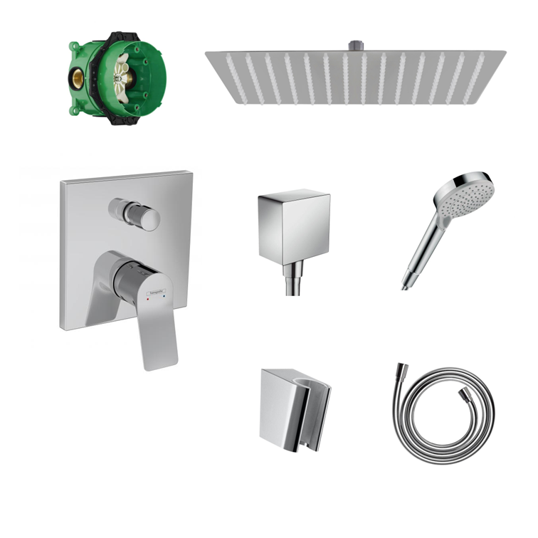 Hansgrohe Vivenis concealed shower set with ceiling or wall connection and 2-in-1 hand shower holder including connection elbow