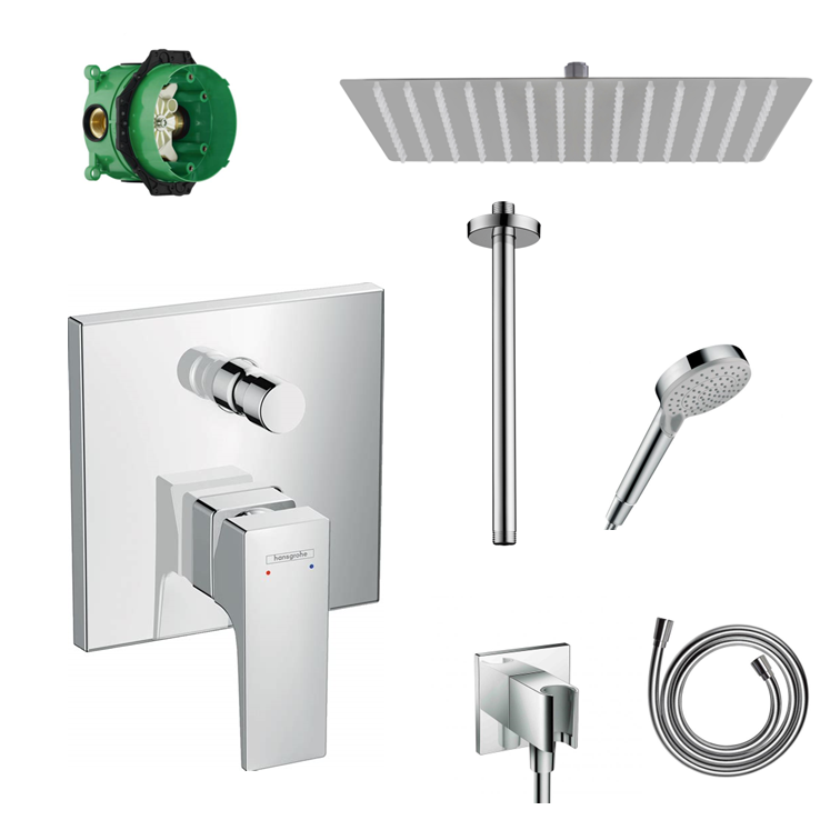 Hansgrohe Ecostat Square concealed shower set with ceiling or wall connection and 2-in-1 hand shower holder including connection elbow