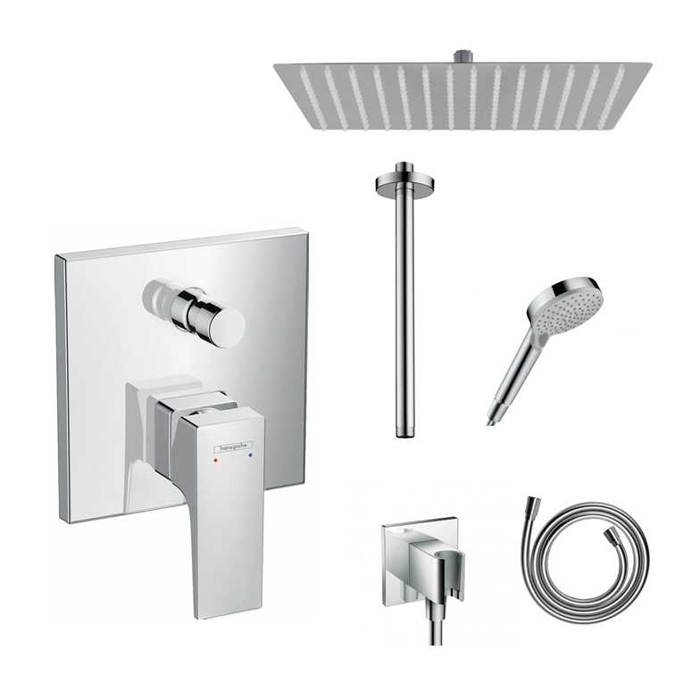 Hansgrohe Ecostat Square concealed shower set with ceiling or wall connection and 2-in-1 hand shower holder including connection elbow