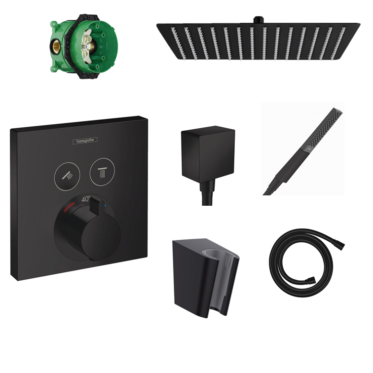 Hansgrohe concealed shower set ShowerSelect matt black with wall or ceiling connection and 2-in-1 hand shower holder including connection elbow