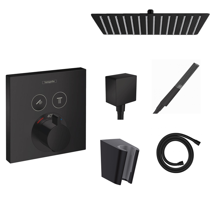 Hansgrohe concealed shower set ShowerSelect matt black with wall or ceiling connection and 2-in-1 hand shower holder including connection elbow