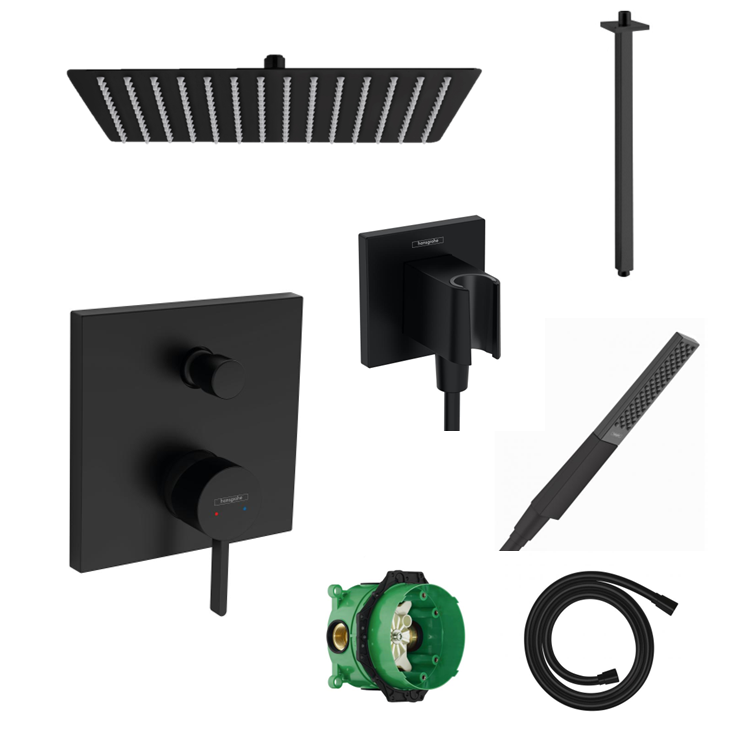Hansgrohe concealed shower set Ecostat Square matt black with wall or ceiling connection and 2-in-1 hand shower holder including connection elbow
