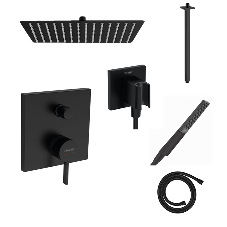 Hansgrohe concealed shower set Ecostat Square matt black with wall or ceiling connection and 2-in-1 hand shower holder including connection elbow