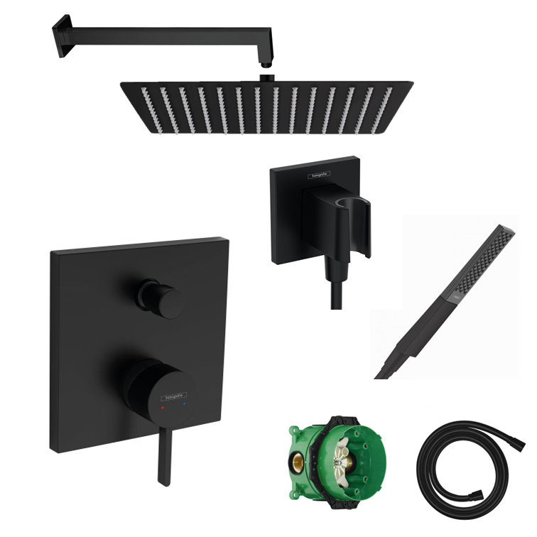 Hansgrohe concealed shower set Ecostat Square matt black with wall or ceiling connection and 2-in-1 hand shower holder including connection elbow