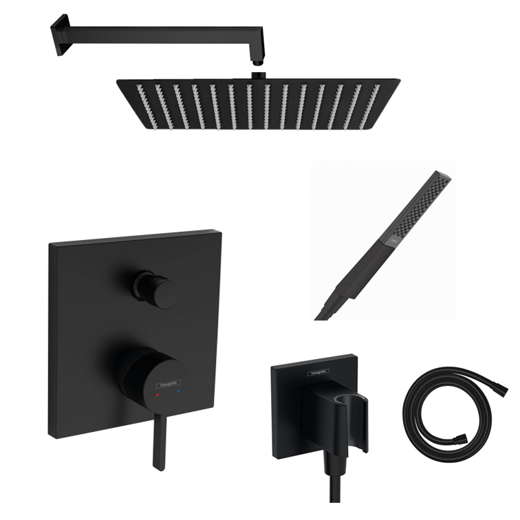 Hansgrohe concealed shower set Ecostat Square matt black with wall or ceiling connection and 2-in-1 hand shower holder including connection elbow