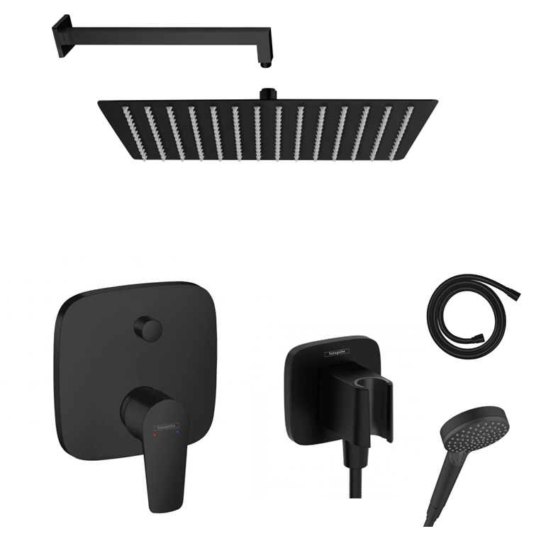 Hansgrohe concealed shower set Porter matt black with wall or ceiling connection and 2-in-1 hand shower holder including connection elbow