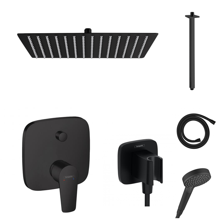 Hansgrohe concealed shower set Porter matt black with wall or ceiling connection and 2-in-1 hand shower holder including connection elbow