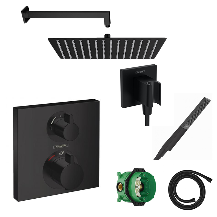 Hansgrohe concealed shower set Ecostat Square matt black with wall or ceiling connection and 2-in-1 hand shower holder including connection elbow