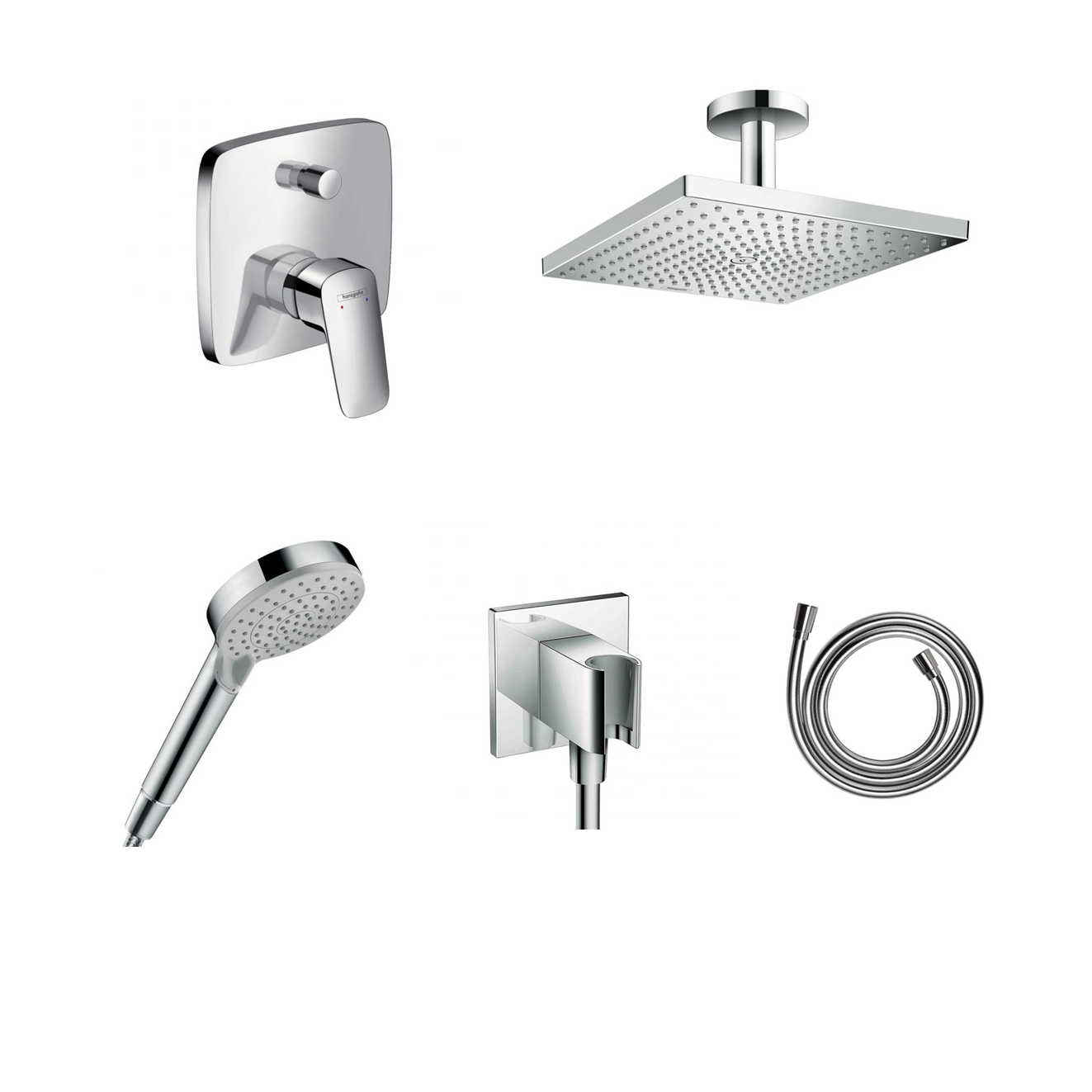 Hansgrohe Logis concealed shower set with ceiling or wall connection and 2-in-1 hand shower holder including connection elbow