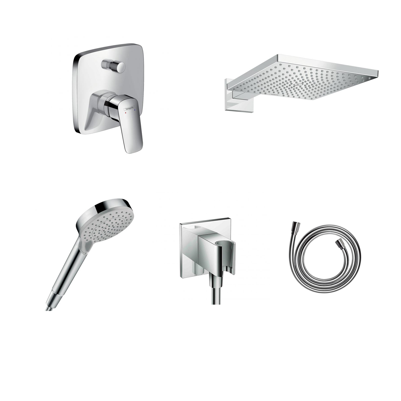 Hansgrohe Logis concealed shower set with ceiling or wall connection and 2-in-1 hand shower holder including connection elbow