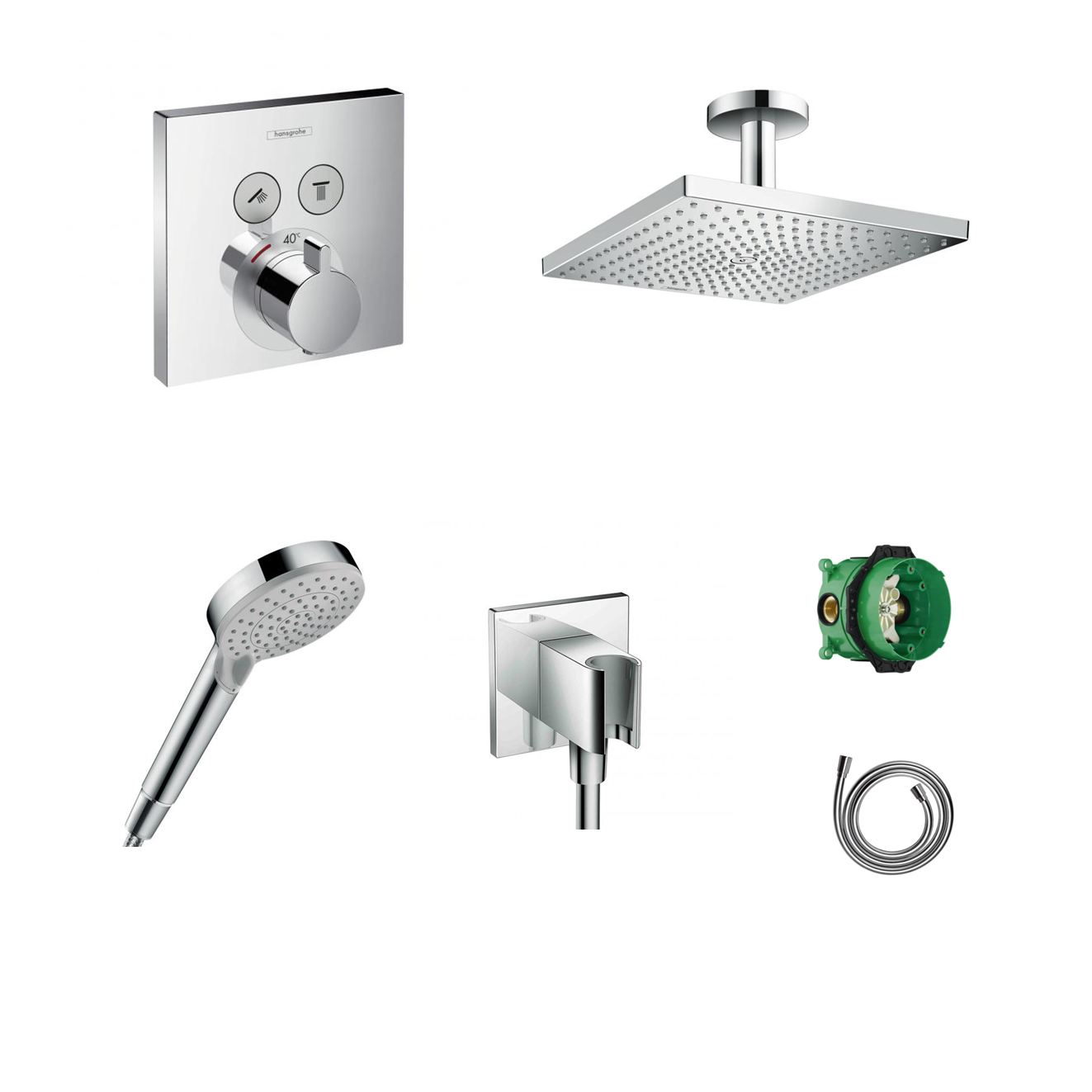 Ensemble de douche à encastrer Hansgrohe ShowerSelect avec raccordement au plafond ou au mur et support de douchette 2 en 1 avec coude de raccordement