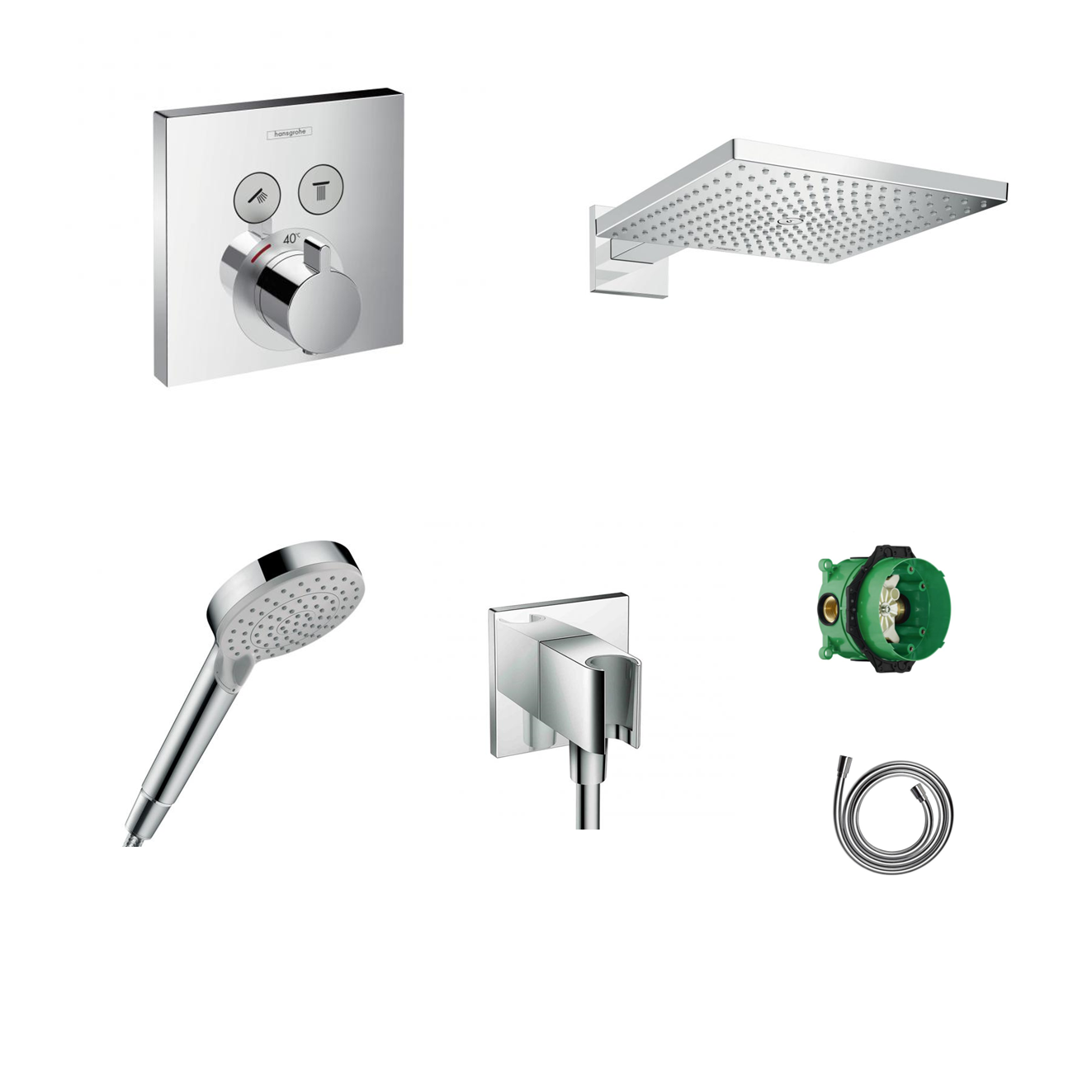 Ensemble de douche à encastrer Hansgrohe ShowerSelect avec raccordement au plafond ou au mur et support de douchette 2 en 1 avec coude de raccordement