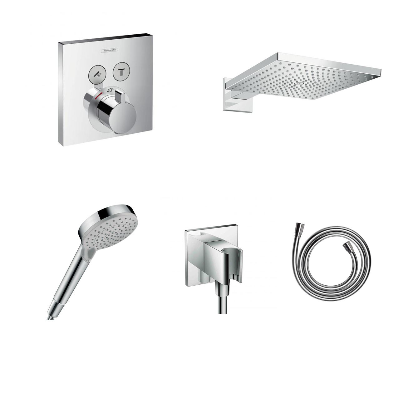 Ensemble de douche à encastrer Hansgrohe ShowerSelect avec raccordement au plafond ou au mur et support de douchette 2 en 1 avec coude de raccordement