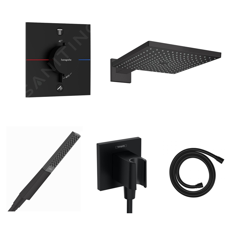 Hansgrohe Ecostat Square concealed shower set with ceiling or wall connection and 2-in-1 hand shower holder including connection elbow