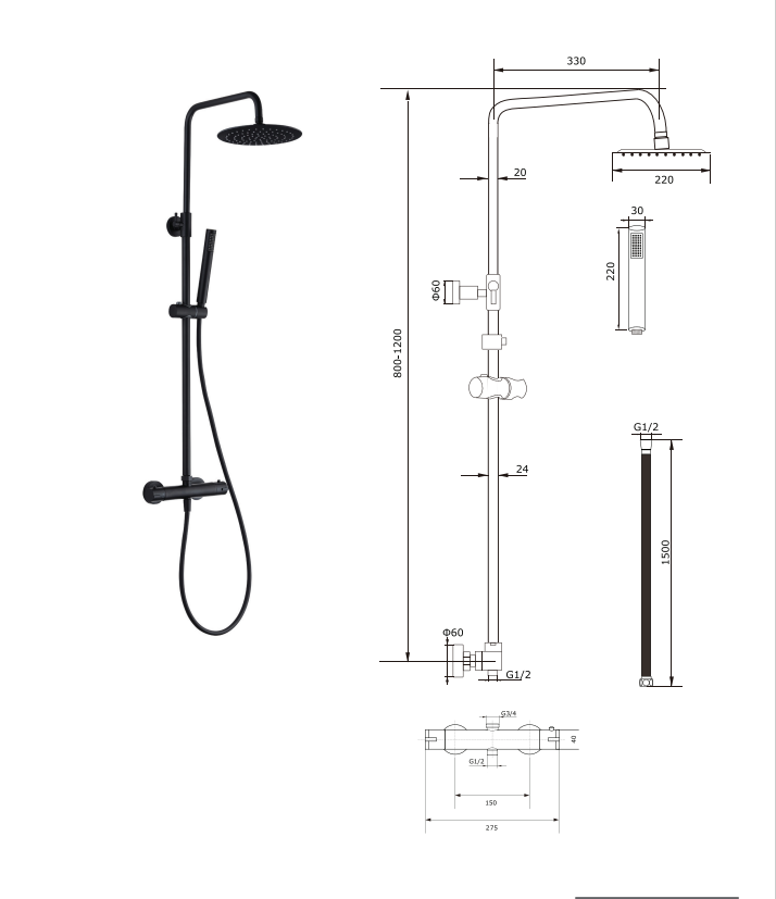 Oase shower system black matt round with rain shower, hand shower, shower rail and thermostat