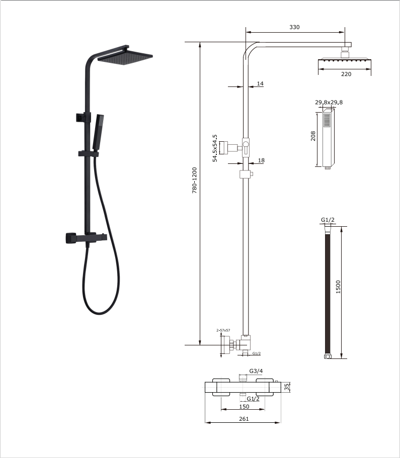 Oase shower system black matt square with rain shower, hand shower, shower rail and thermostat