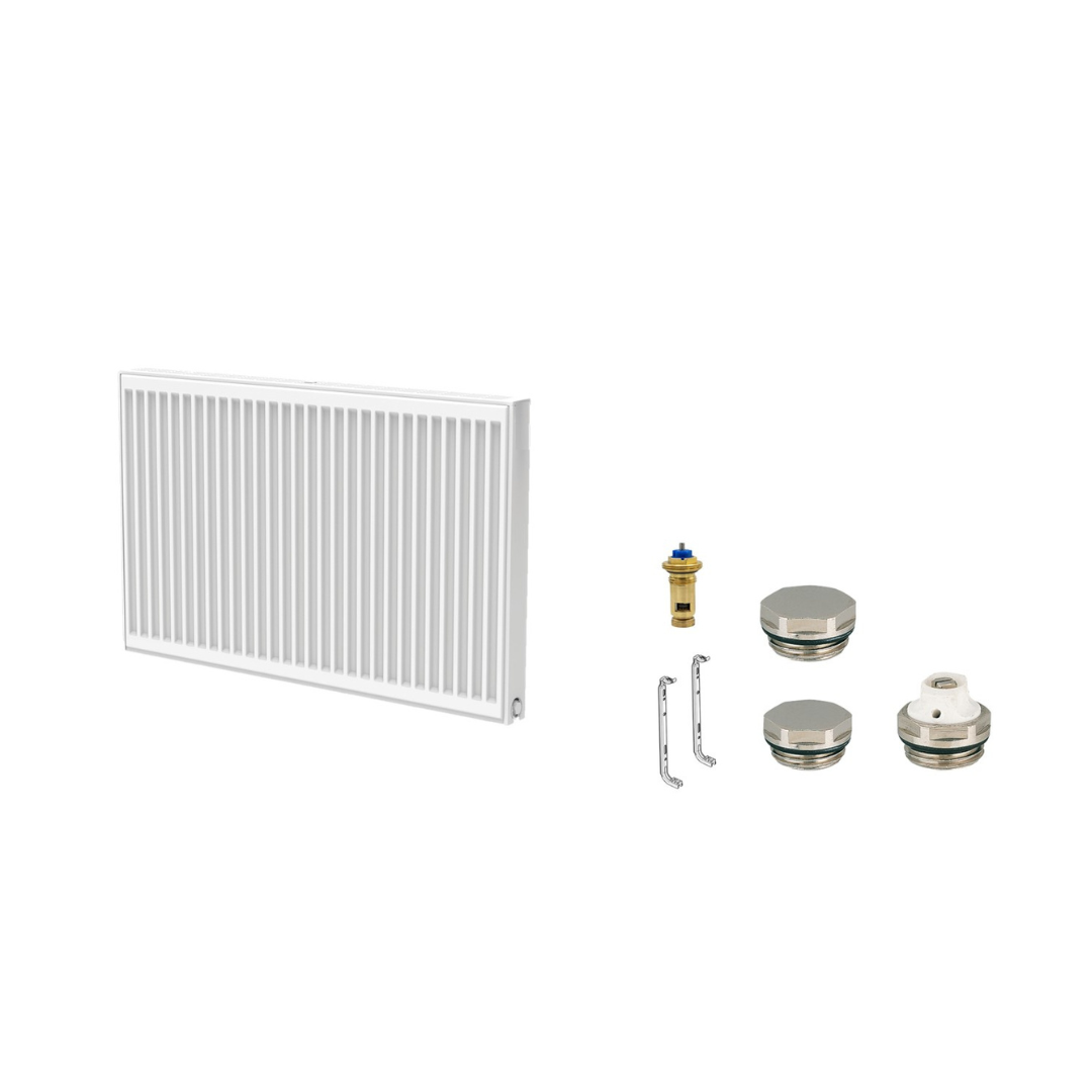 Radiateur universel T33 à vanne compacte, hauteur du radiateur = 300 mm, avec vanne d'insertion, prise photo et support mural