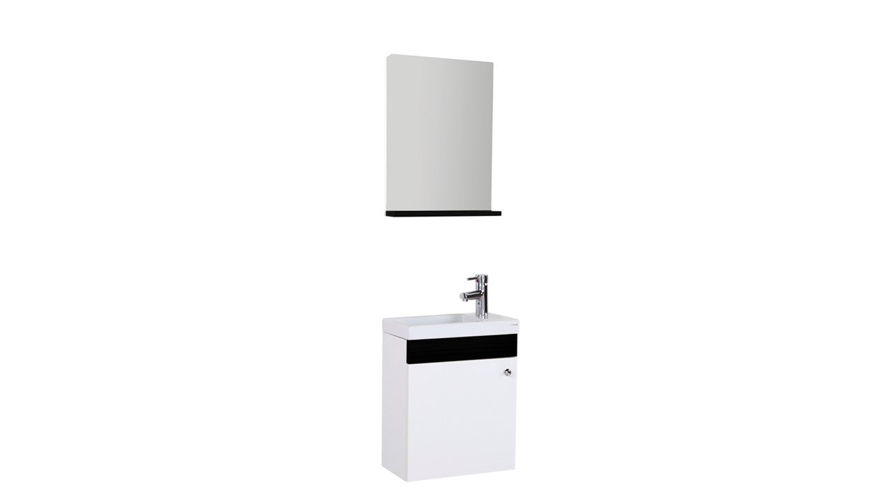 Oase Mini Waschtisch im Komplett Set mit Unterschrank mit Spiegel mit Tablet und Waschbecken weiß, braun & schwarz