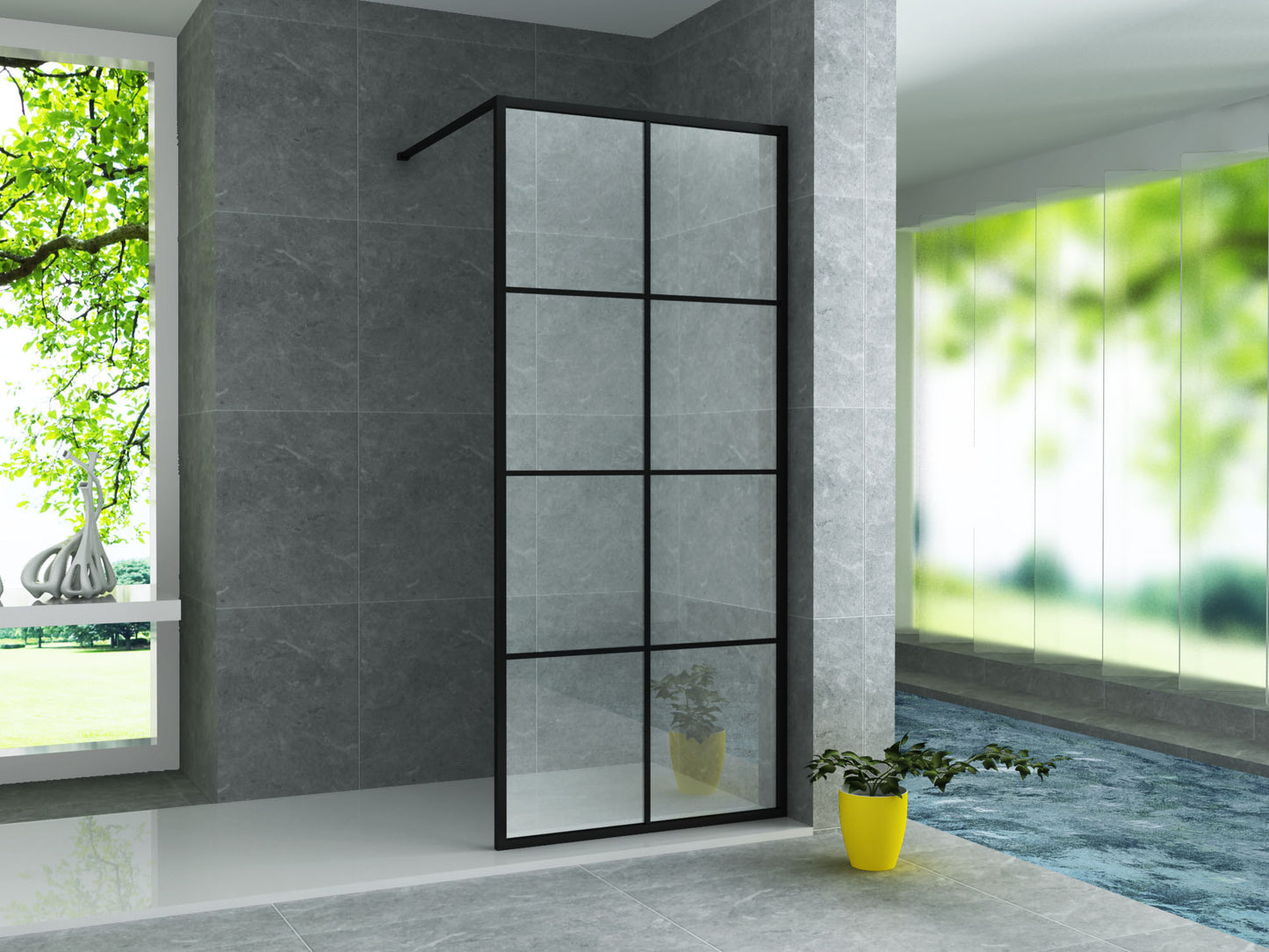 Cabine de douche à l'italienne à grille noire avec revêtement nano