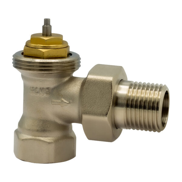 Connection valve for radiators, thermostatic valve, corner and straight-through shape, flow / corner and straight-through shape, return / axial corner shape, flow