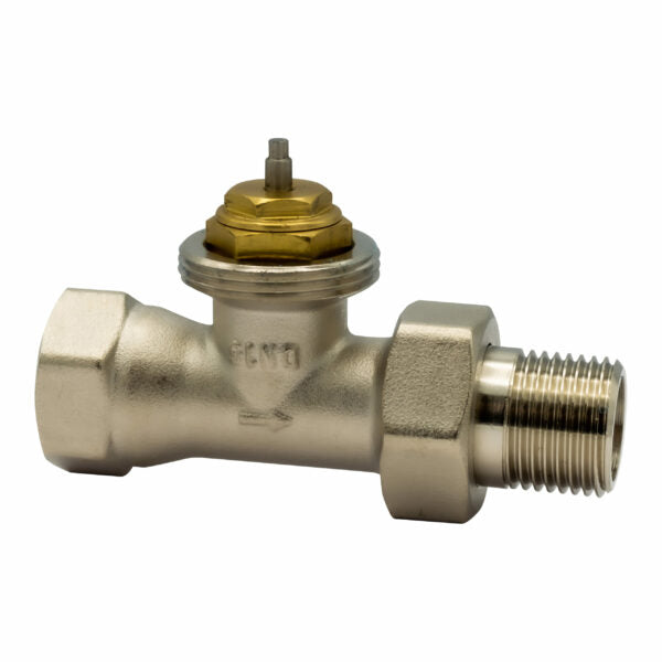 Connection valve for radiators, thermostatic valve, corner and straight-through shape, flow / corner and straight-through shape, return / axial corner shape, flow