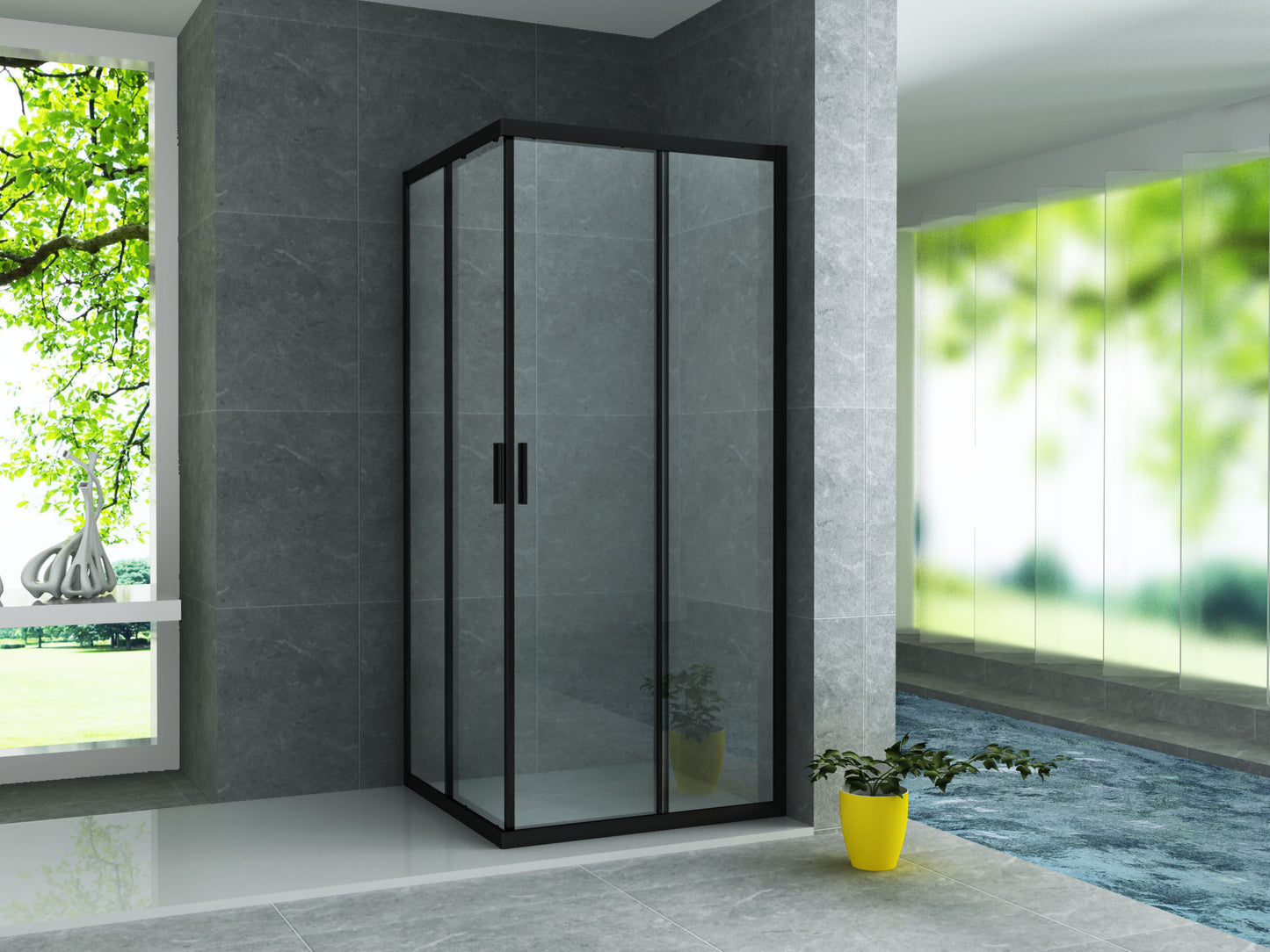 Corner entry shower cubicle with 2 sliding doors niche black matt nano glass