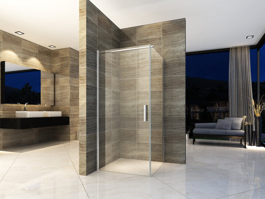 Corner shower cubicle with a fixed and a swing door chrome nano glass