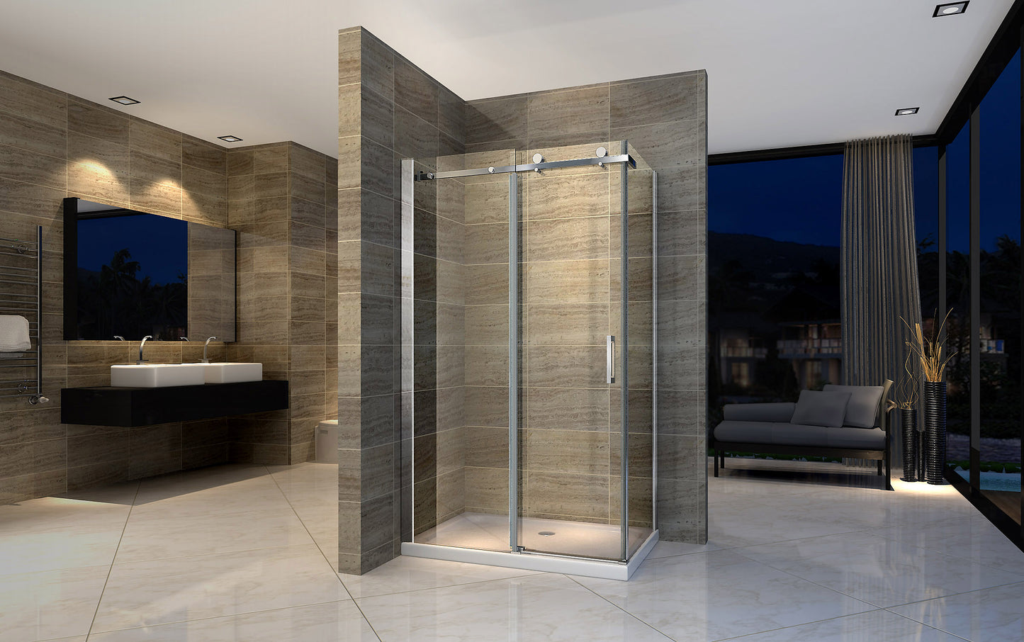 Corner shower cubicle with a fixed and a sliding door chrome nano glass