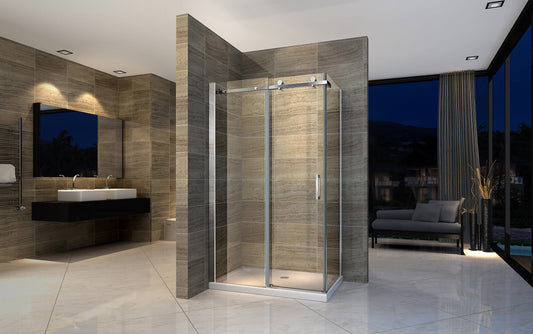 Corner shower cubicle with a fixed and a sliding door chrome nano glass