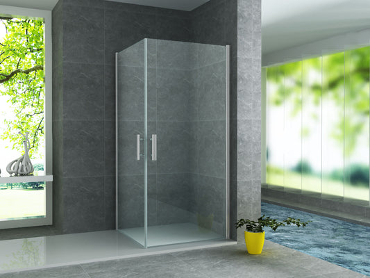 Corner shower cubicle with two swing doors made of chrome nano glass