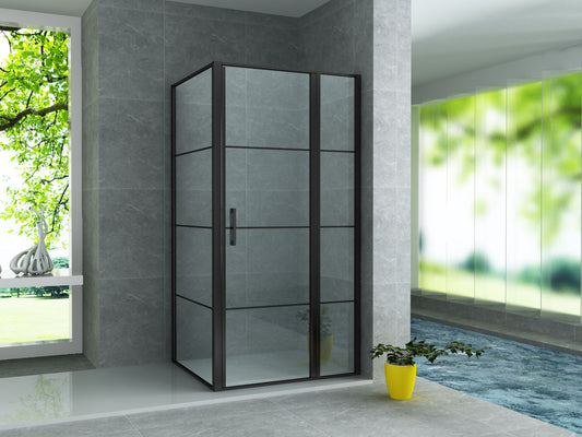 Corner shower cubicle with a fixed and a swing door Matt Black Nano Glass