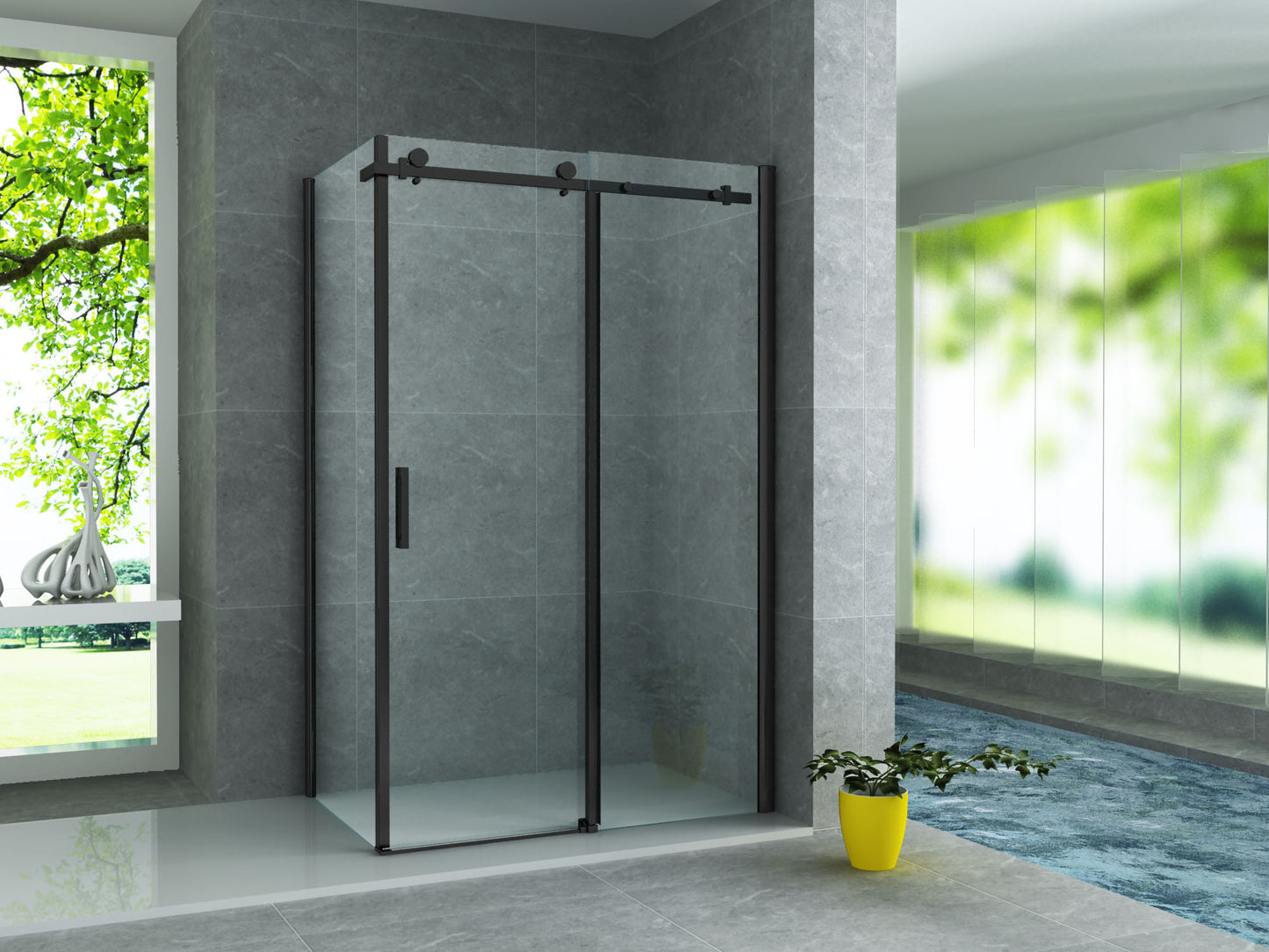 Corner shower cubicle with a fixed and a sliding door Matt Black Nano Glass
