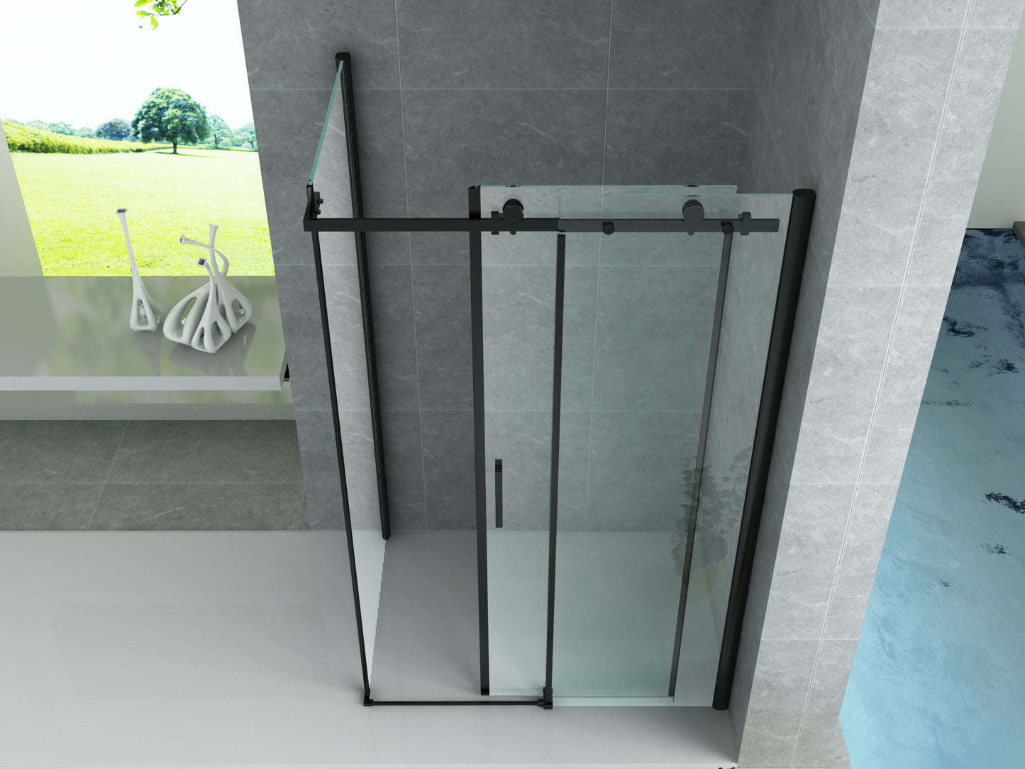 Corner shower cubicle with a fixed and a sliding door Matt Black Nano Glass