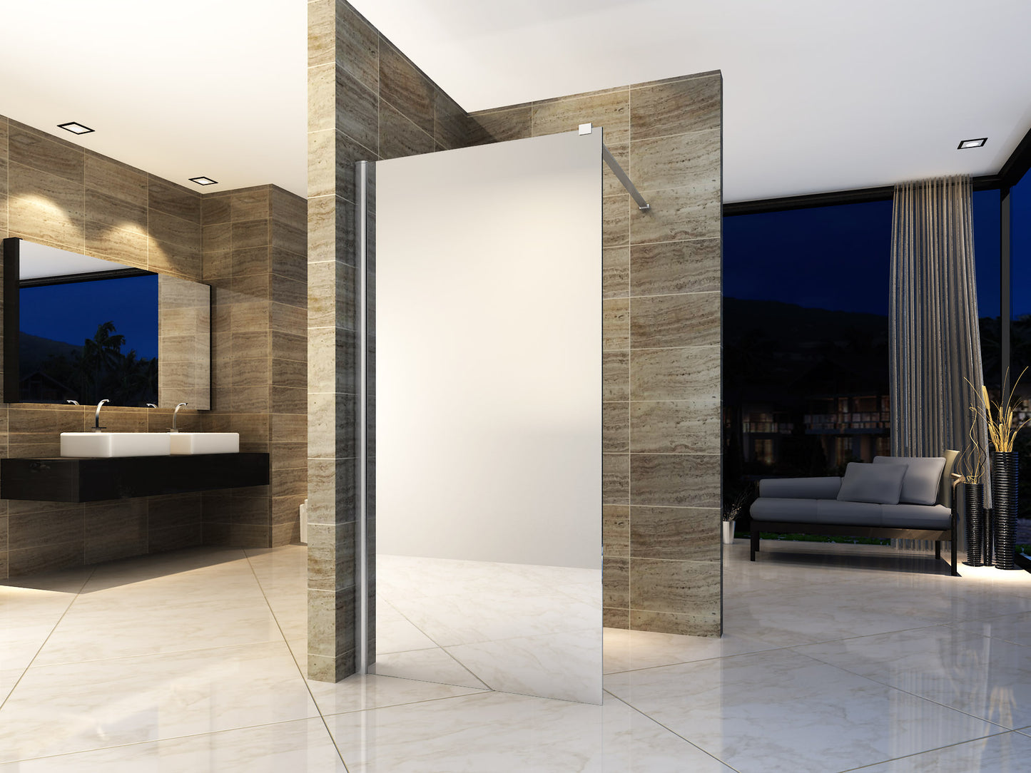 Cabine de douche à l'italienne en verre miroir avec revêtement nano