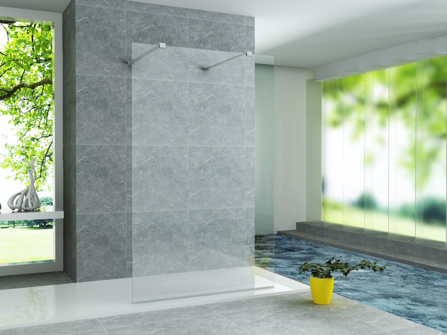 Cabine de douche à l'italienne en verre transparent autoportante avec revêtement nano