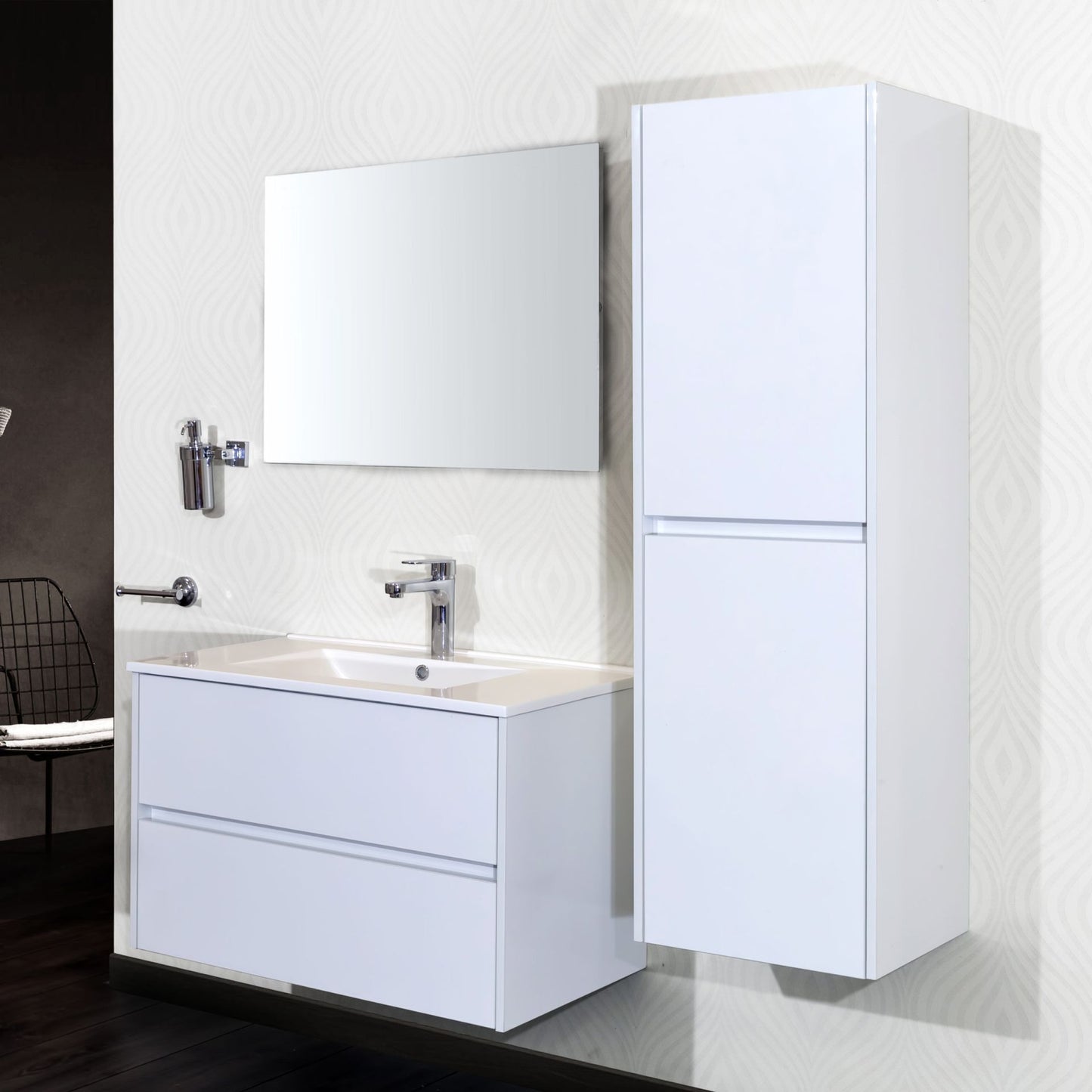 Meuble sous-vasque Oase Sun avec tiroirs en bois de haute qualité, meuble latéral et miroir