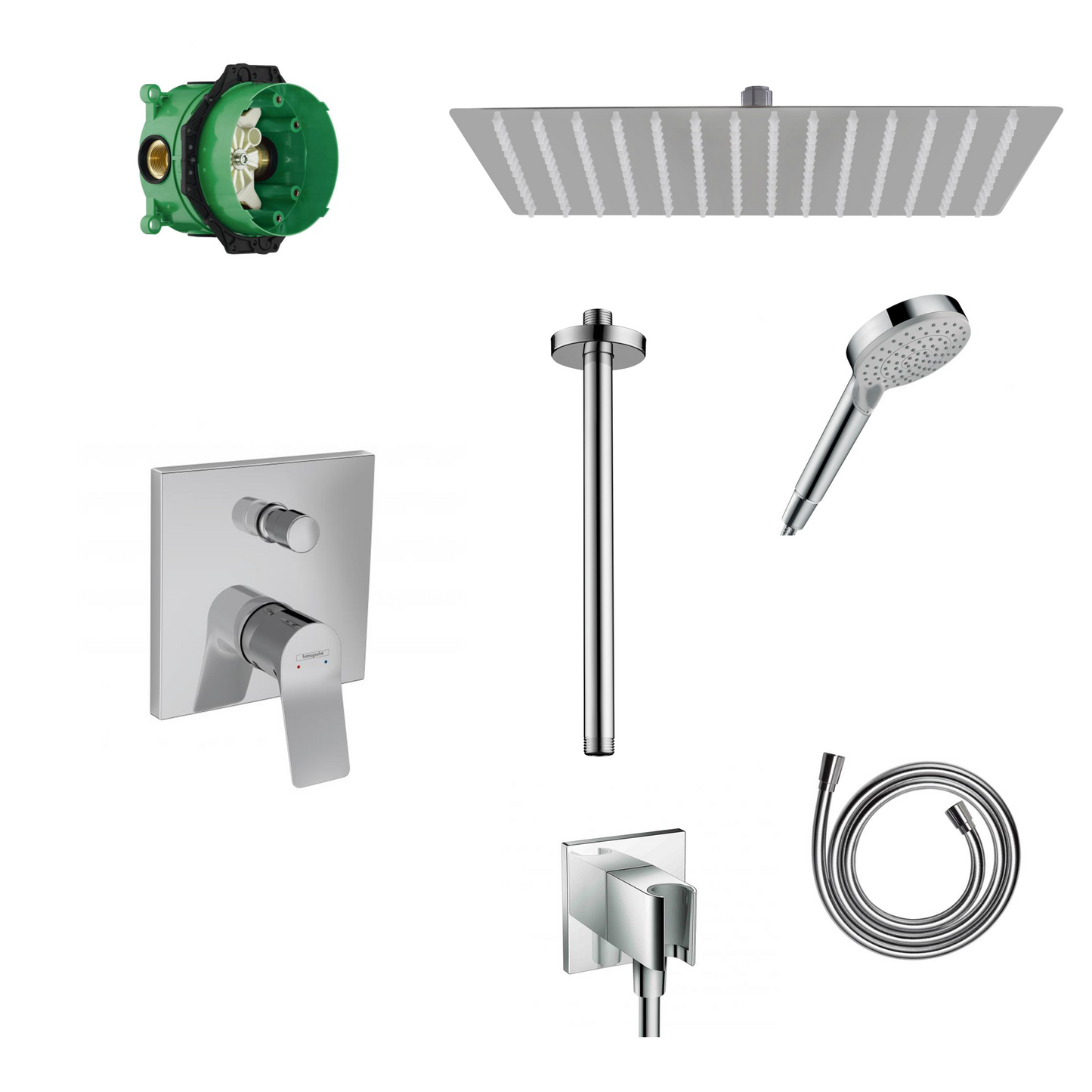 Hansgrohe Vivenis concealed shower set with ceiling or wall connection and 2-in-1 hand shower holder including connection elbow